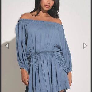 Elan Smokey Blue Off the Shoulder Mini Dress Never Worn Size Large